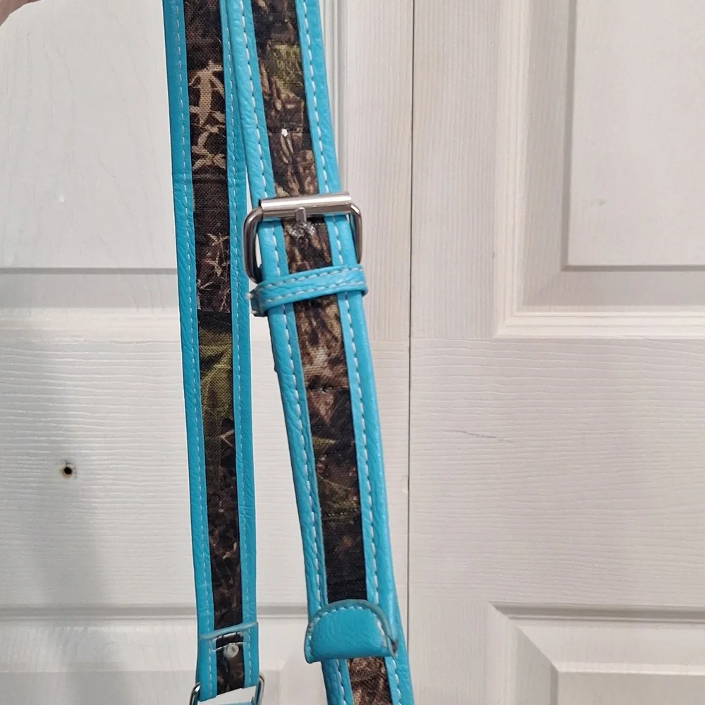 Faux leather and camouflage canvas studded rhinestone crossbody bag - teal/green